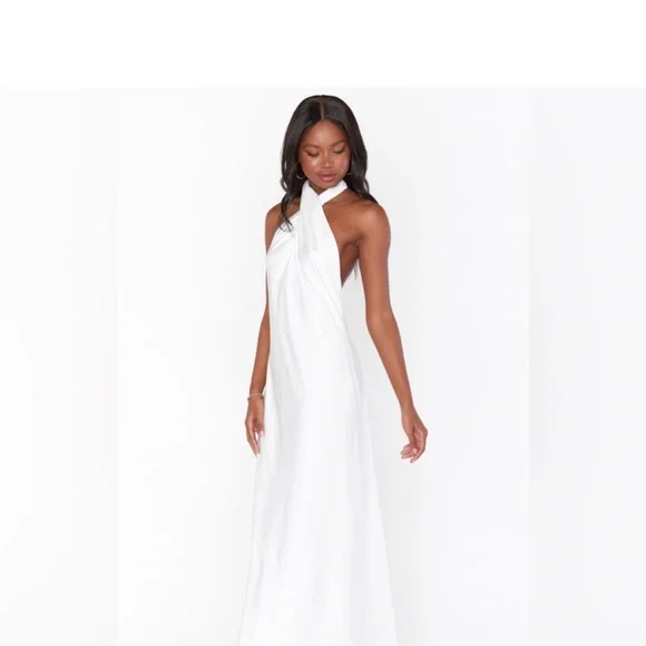 show me your mumu white halter dress Show Me Your Mumu Jasmine Halter Maxi Dress Luxe Satin Ivory MD